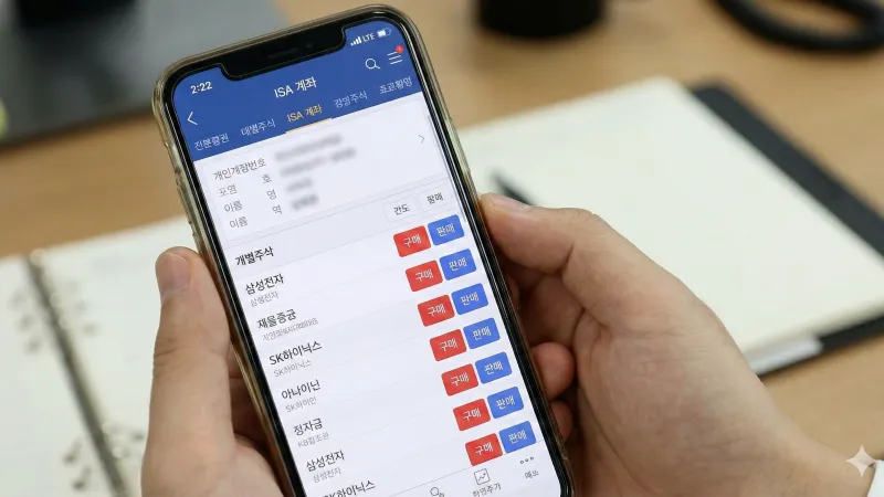 증권사 MTS 앱을 통해 중개형 ISA 계좌로 국내 주식 및 ETF를 직접 거래하는 화면