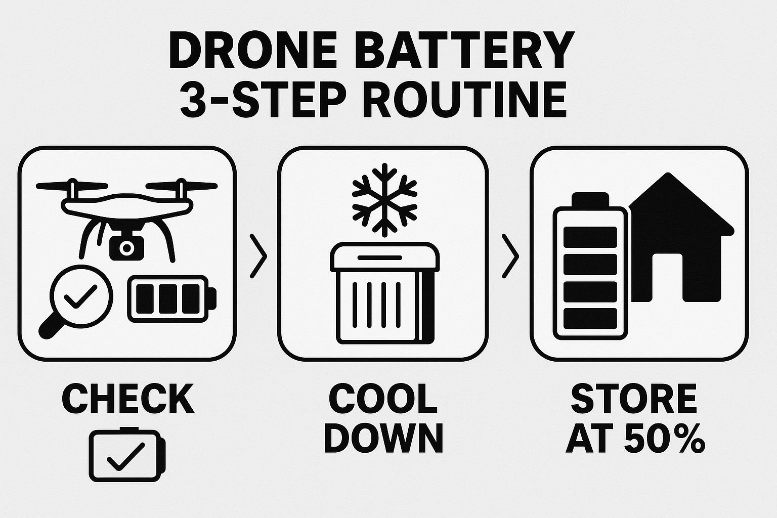 드론 비행 전후로 배터리를 점검&middot;냉각&middot;적정 전압으로 보관하는 3단계 루틴을 도식화한 인포그래픽