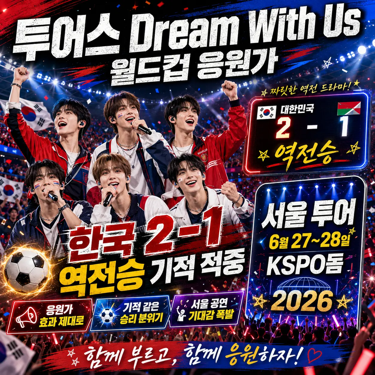 투어스 Dream With Us 월드컵 응원가 — 한국 2-1 역전승 기적 적중·서울 투어 6월 27~28일 KSPO돔 2026