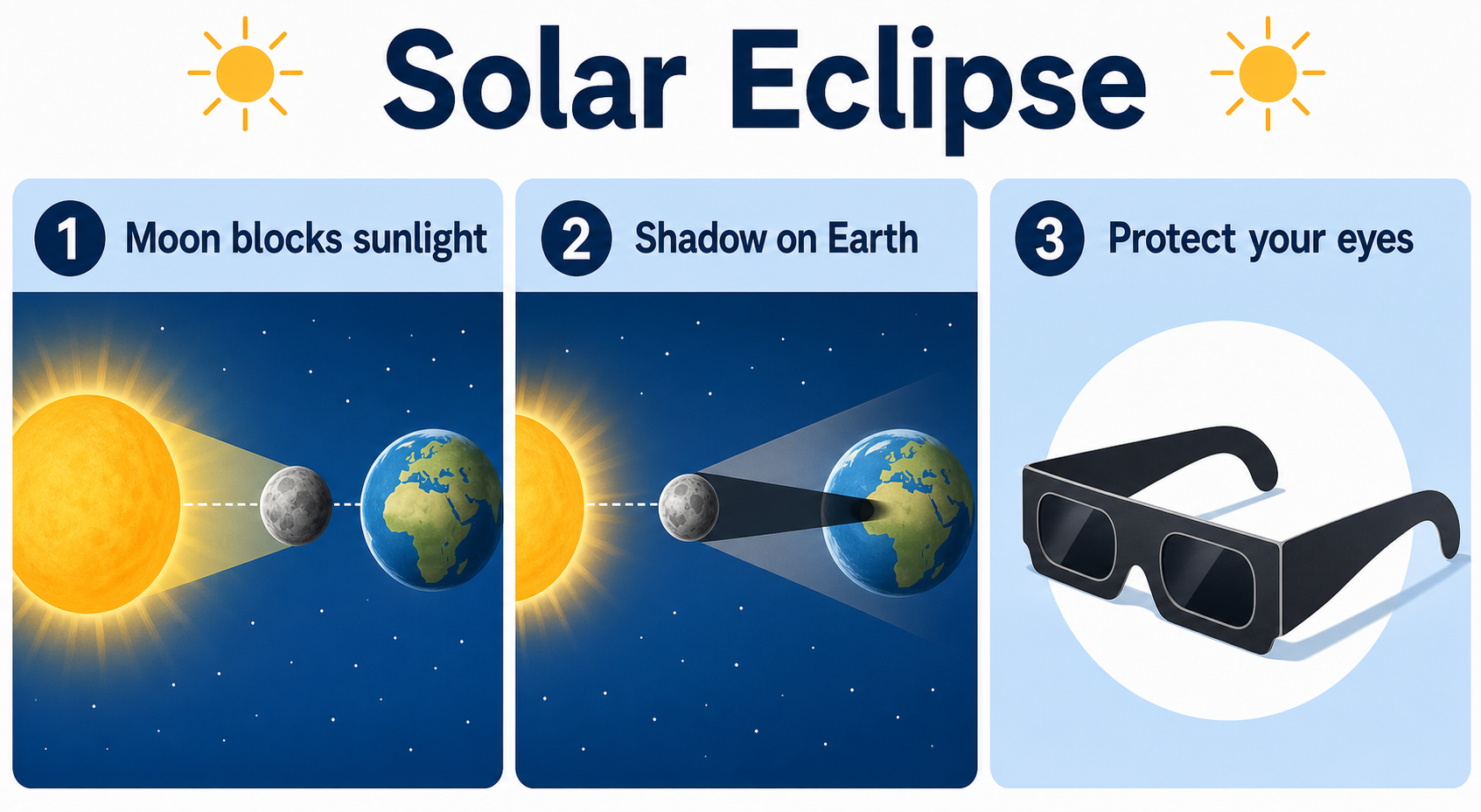 Infographic explaining a solar eclipse with the Sun, Moon, Earth, and safe viewing