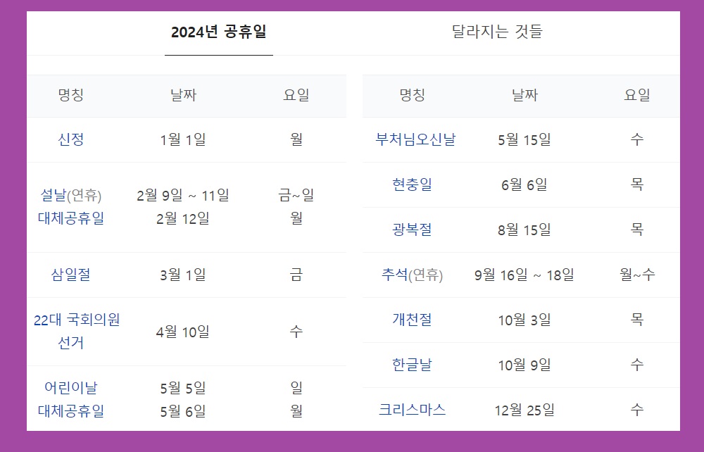 2024년 휴일