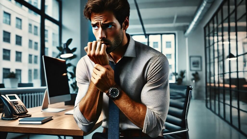 불안하여 손톱을 깨물고 있는 남성 사진