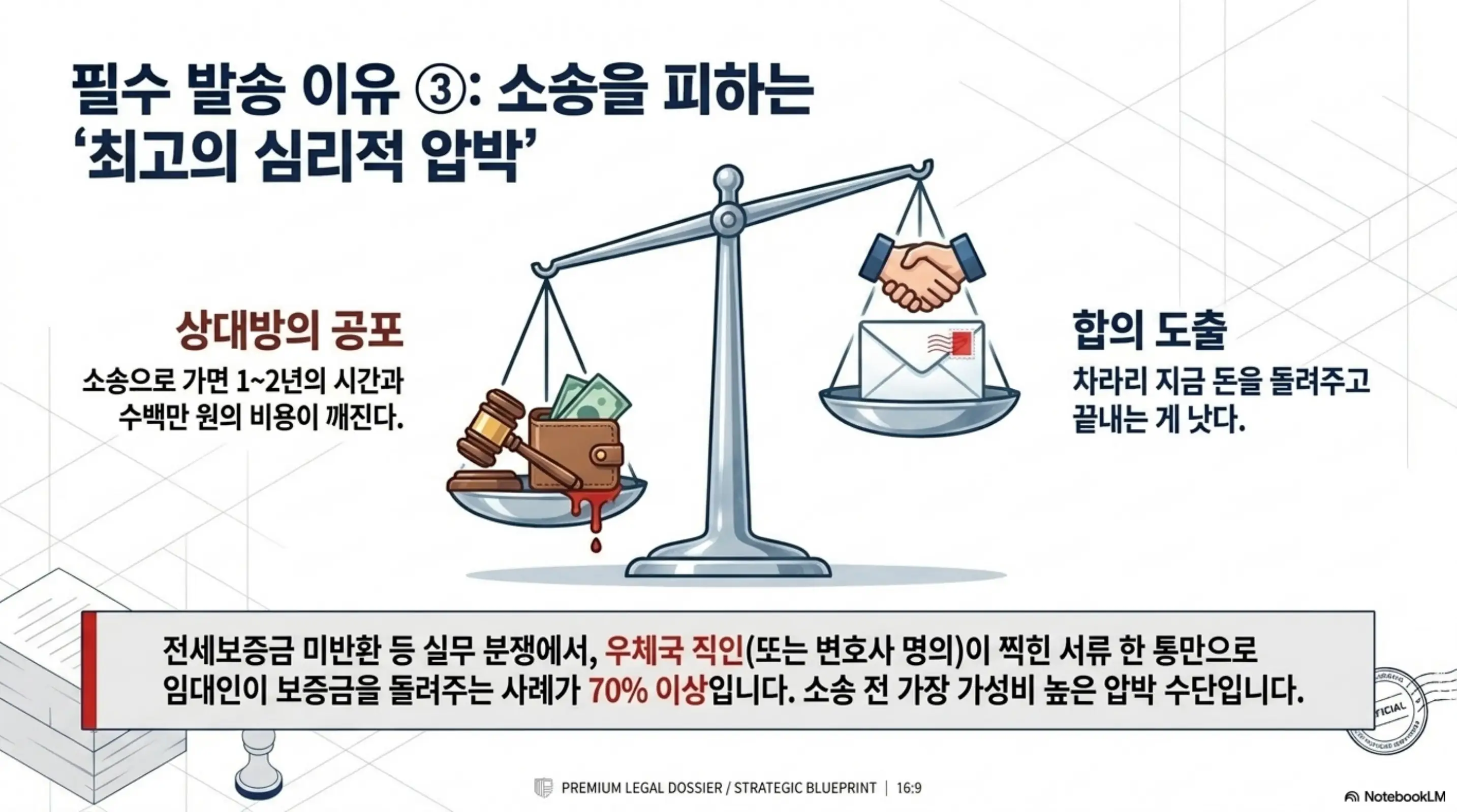 내용증명 작성법: 내용증명의 심리적 압박 효과를 설명하는 웹배너 이미지. 이 이미지는 소송 비용에 대한 상대방의 공포와 합의 도출 과정을 저울 비유로 시각적으로 전달하며&amp;#44; 블로그의 내용증명 법적 강제력과 관련된 내용을 설명함