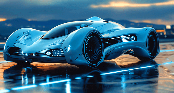 세련된 곡선 모양의 자동차가 도로에 서 있다. 미래형 자율주행 자동차다.