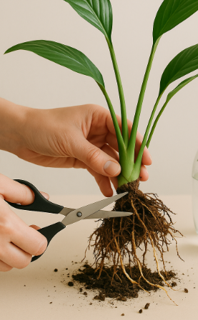 스파트필름의 뿌리에 있는 흙을 털어내고 가위로 정리하고 있는 모습