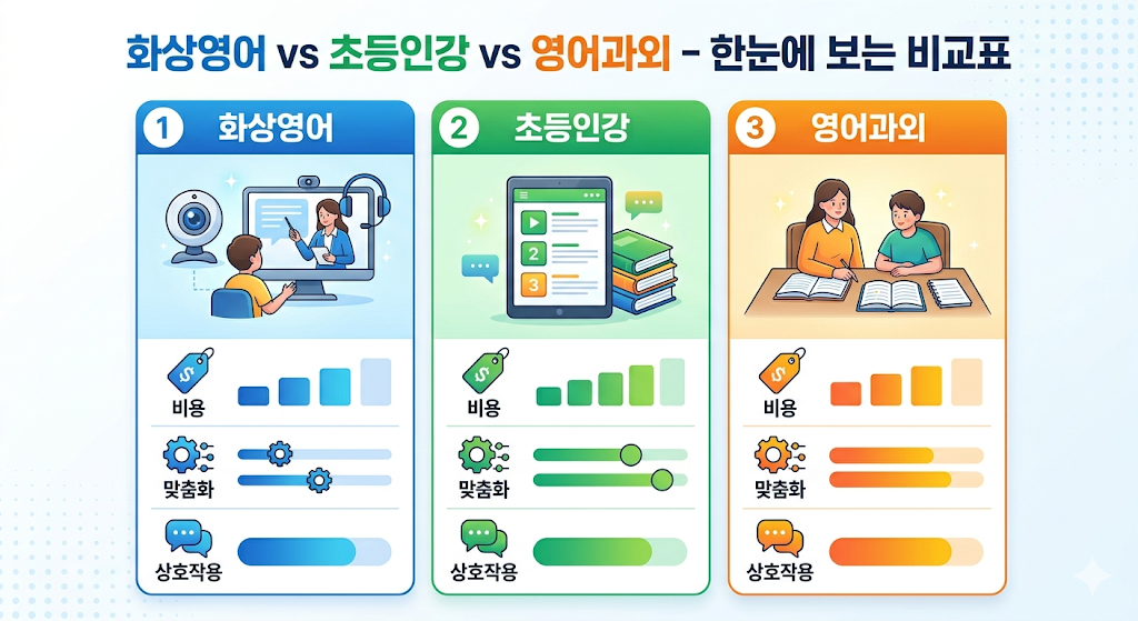 화상영어 vs 초등인강 vs 영어과외 &ndash; 한눈에 보는 비교표