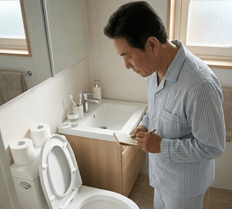 50대 중년 남성이 아침에 일어나 소변을 본 후 변기 안을 쳐다보며 소변 색깔과 수분 부력을 확인하고 노트에 소변 색 차트를 기록하는 모습