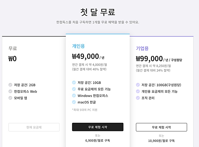 한컴오피스 버전별 요금