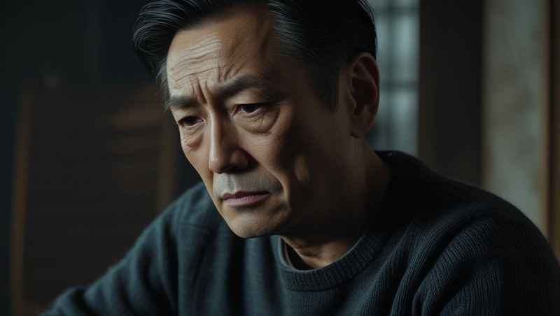 중년 남성이 우울한 표정으로 앉아있는 장면