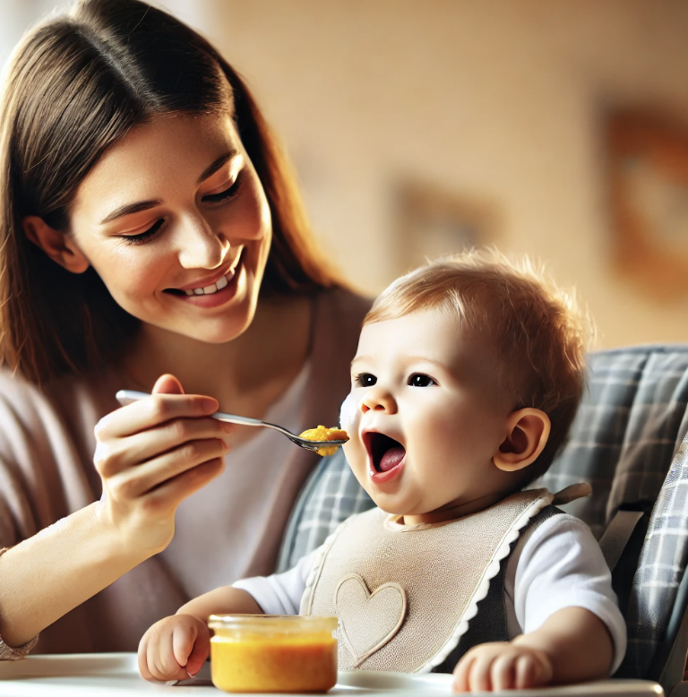 아기에게 이유식을 먹이는 모유수유맘 이미지