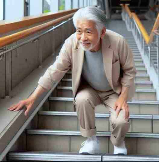 호관원 프리미엄 골드 효능 퇴행성 관절염 개선 효과, 계단 내려오기 힘들어 하는 노인 사진