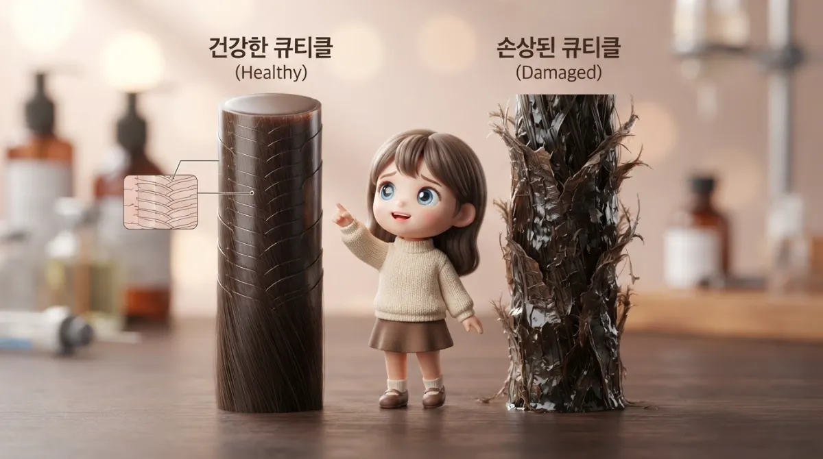 건강하고 건조된 정상 모발의 큐티클과 물에 젖어 손상되어 갈라진 큐티클의 구조적 차이를 비교한 모식도 일러스트