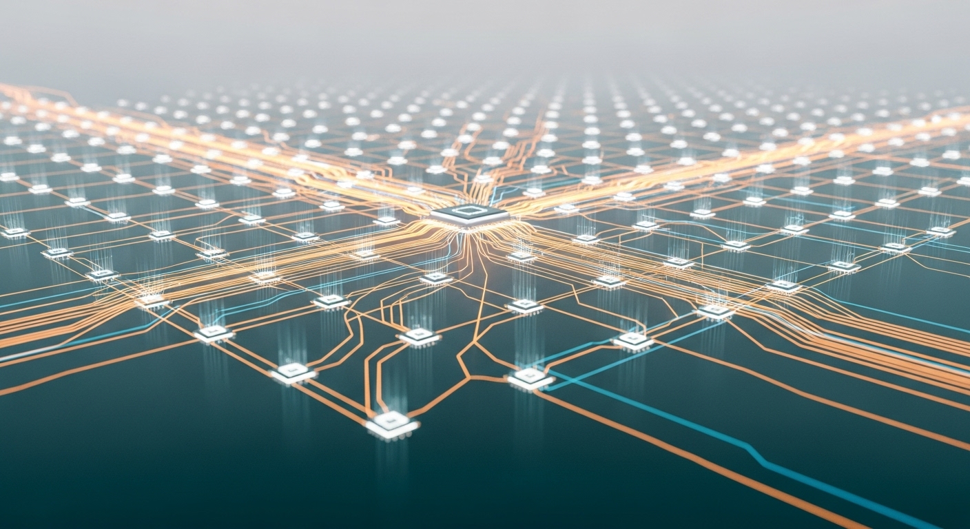 수백 개의 GPU 코어가 병렬로 데이터를 동시에 처리하는 모습을 보여주는 미니멀리스트 일러스트레이션.