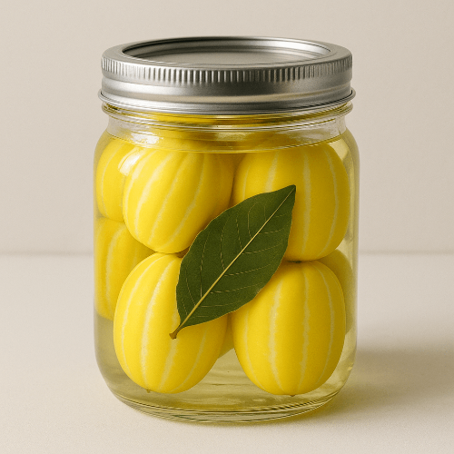 유리병안에 든 월계수잎과 참외피클