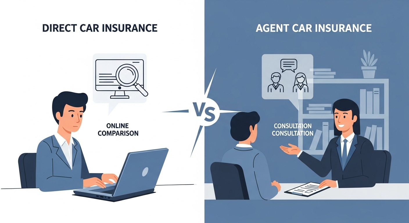 다이렉트 자동차 보험과 설계사 자동차 보험의 장단점을 시각적으로 비교하는 인포그래픽