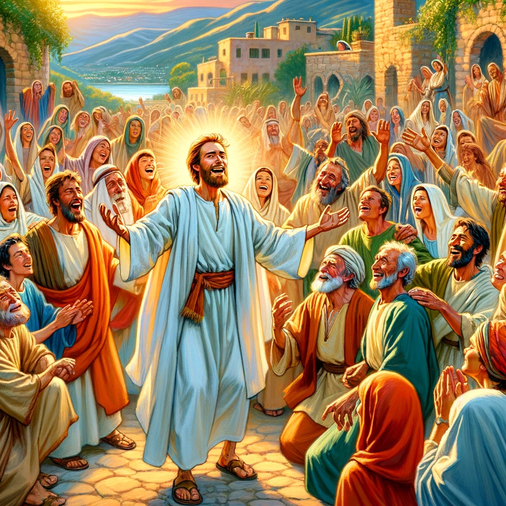 이 그림은 바울과 바나바로부터 복음을 들은 후 주님을 열심으로 따르며&#44; 기쁨이 넘치고 성령이 충만한 장면을 묘사합니다.