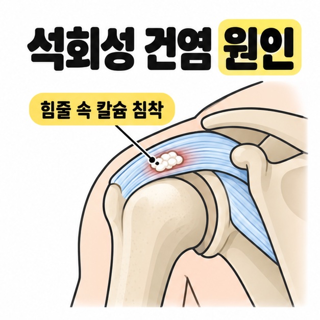 석회성 건염 원인 제목 아래 어깨 힘줄 안의 흰색 침착물을 지시선으로 가리킨 그림
