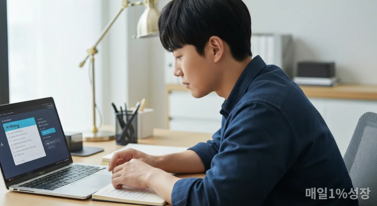 AI 글쓰기 도구를 사용하며 고민하는 한국 남성