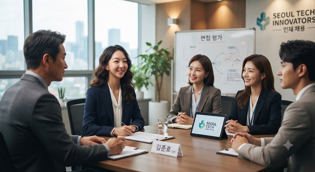 회사에 입사지원해서 면접을 보는 청년