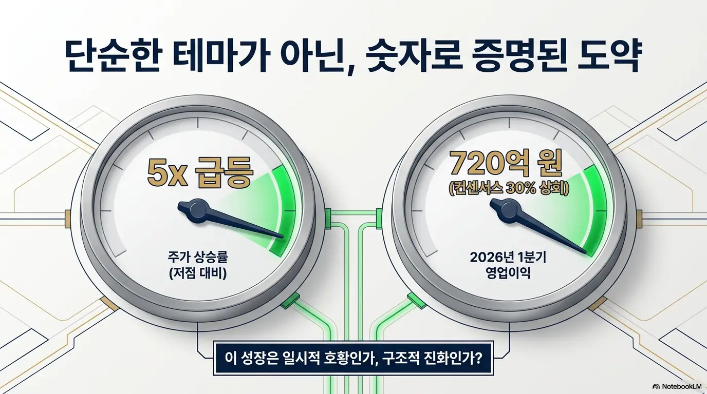 하나마이크론 주가 전망: 두 개의 계기판으로 하나마이크론의 숫자로 증명된 도약을 보여주는 이미지. 왼쪽은 저점 대비 5배 급등한 주가 상승률&amp;#44; 오른쪽은 컨센서스를 30% 상회한 2026년 1분기 영업이익 720억 원을 가리킨다. 하나마이크론 주가 전망에서 실적이 뒷받침된 상승임을 설명한다. 