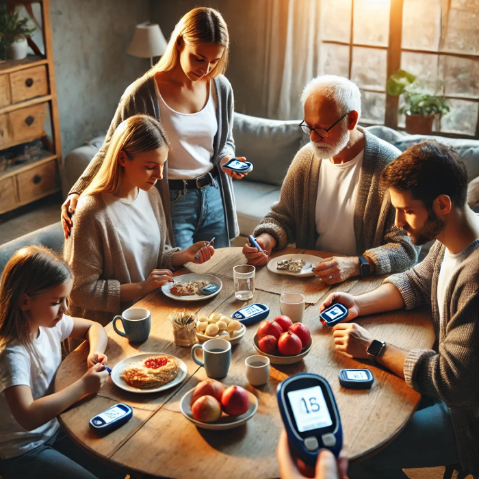 가족이 식사 후 혈당 측정을 함께하는 모습.