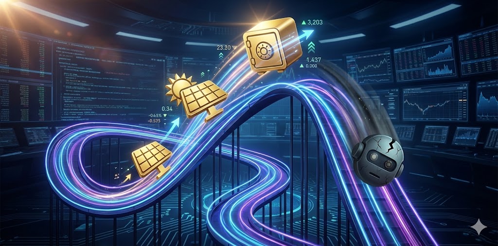 롤러코스터처럼 요동치는 증시 그래프 위로 '태양광'과 '은행주' 아이콘이 황금빛으로 빛나고, 하락하는 AI 로봇 아이콘이 대비되는 이미지