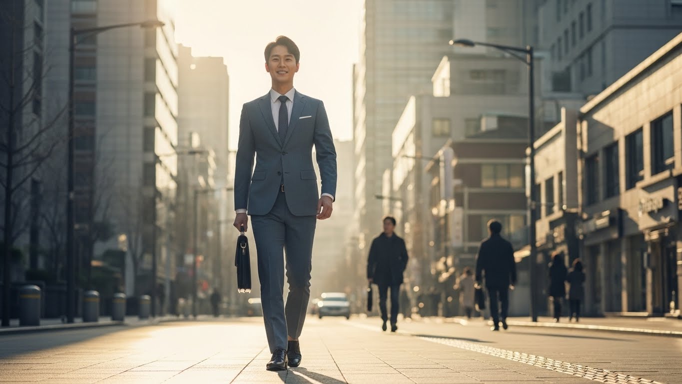 올바른 숙취 해소법 덕분에 숙취 없이 상쾌하게 아침 출근을 하는 한국 직장인의 모습