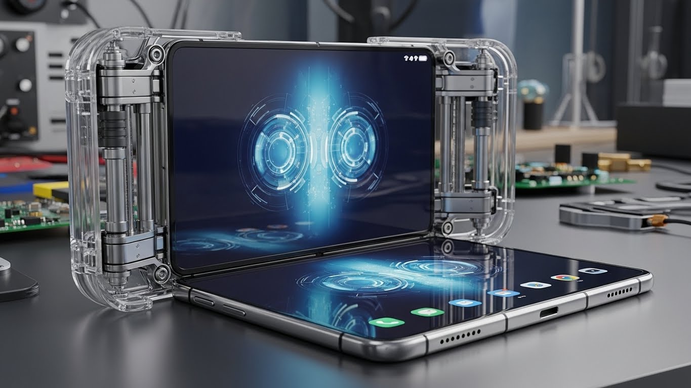 세 번 접히는 트라이폴드 스마트폰이 펼쳐진 상태로, 정교한 힌지 기술을 보여주는 모습