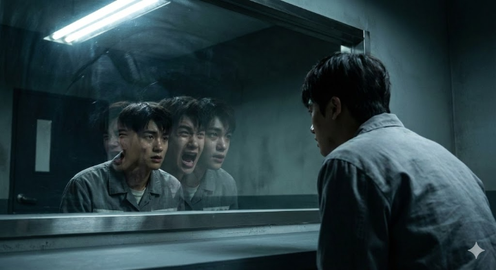 취조실 유리창이나 거울에 비친 자신의 얼굴을 혼란스럽게 바라보는 서동주(박형식)의 모습.