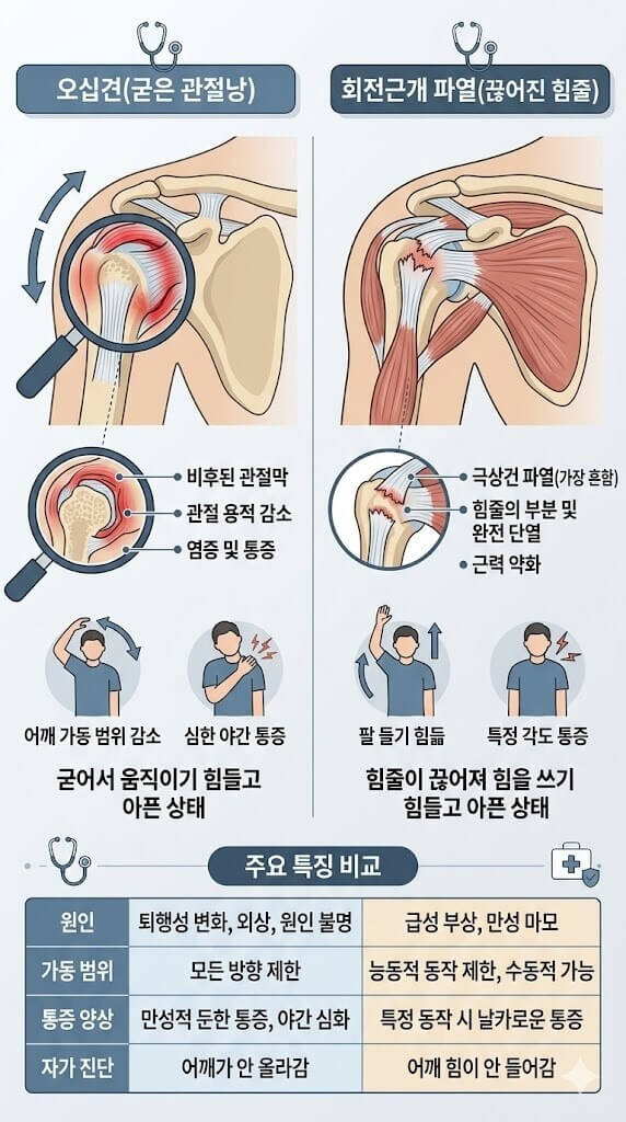오십견과 회전근개파열 비교 인포그래픽