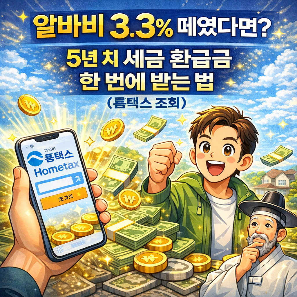3.3%환급, 종합소득세환급, 알바세금환급, 기한후신고, 홈택스환급금조회, 삼쩜삼, 부업세금, 원천징수환급, 거북이의재테크, 재테크기초
"알바비 3.3% 떼였다면?" 5년 치 세금 환급금 한 번에 받는 법 (홈택스 조회)