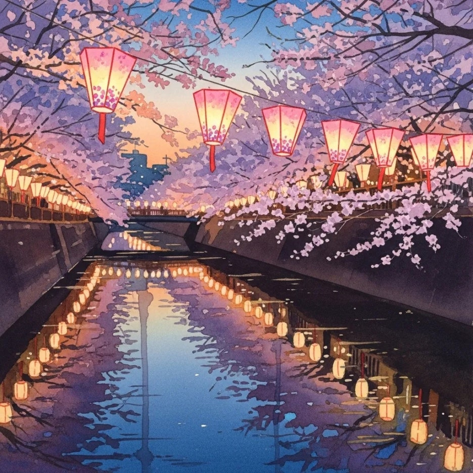 후쿠오카 나카스 강변의 아름다운 벚꽃 야경