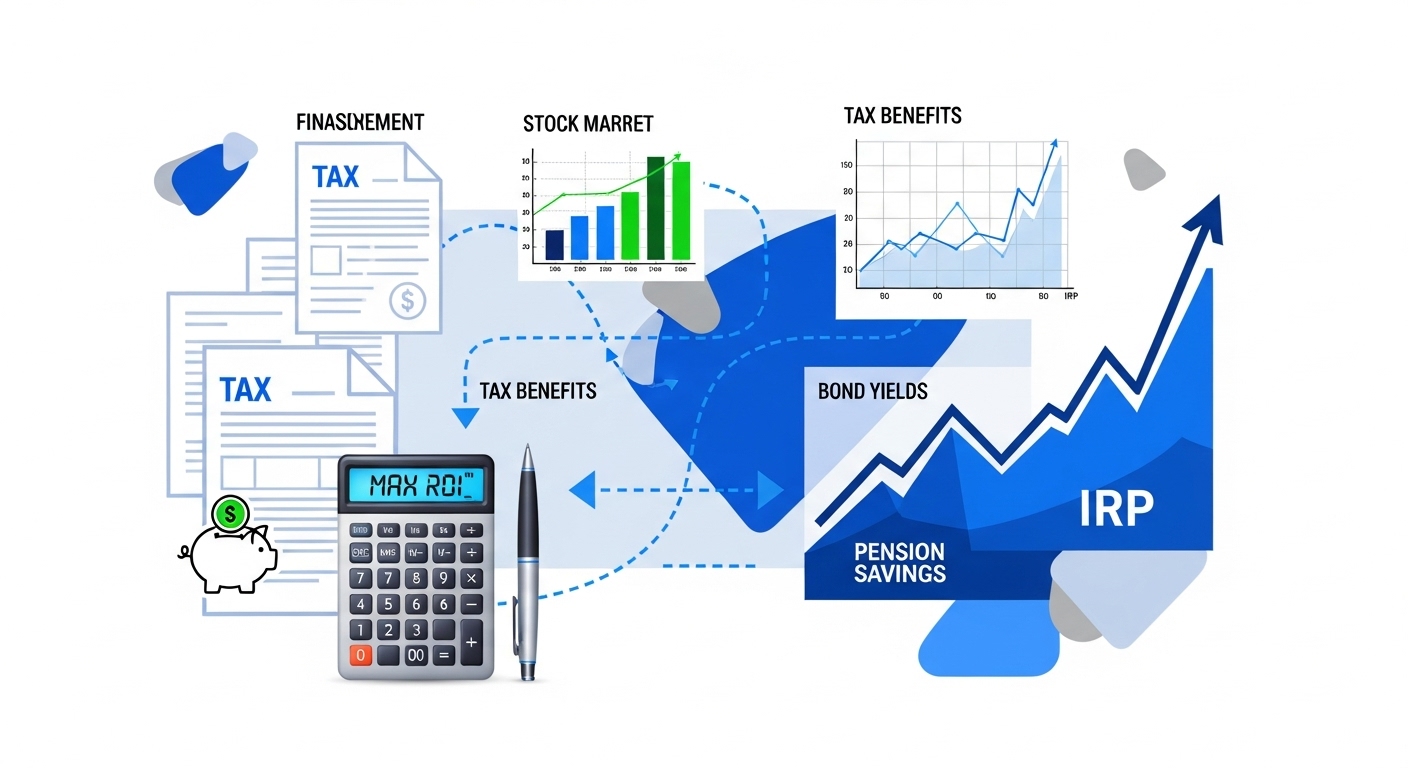 개인연금, IRP 계좌와 세금 계산기가 놓여 있어 세액공제와 투자 수익률을 극대화하는 재정 관리를 나타내는 이미지
