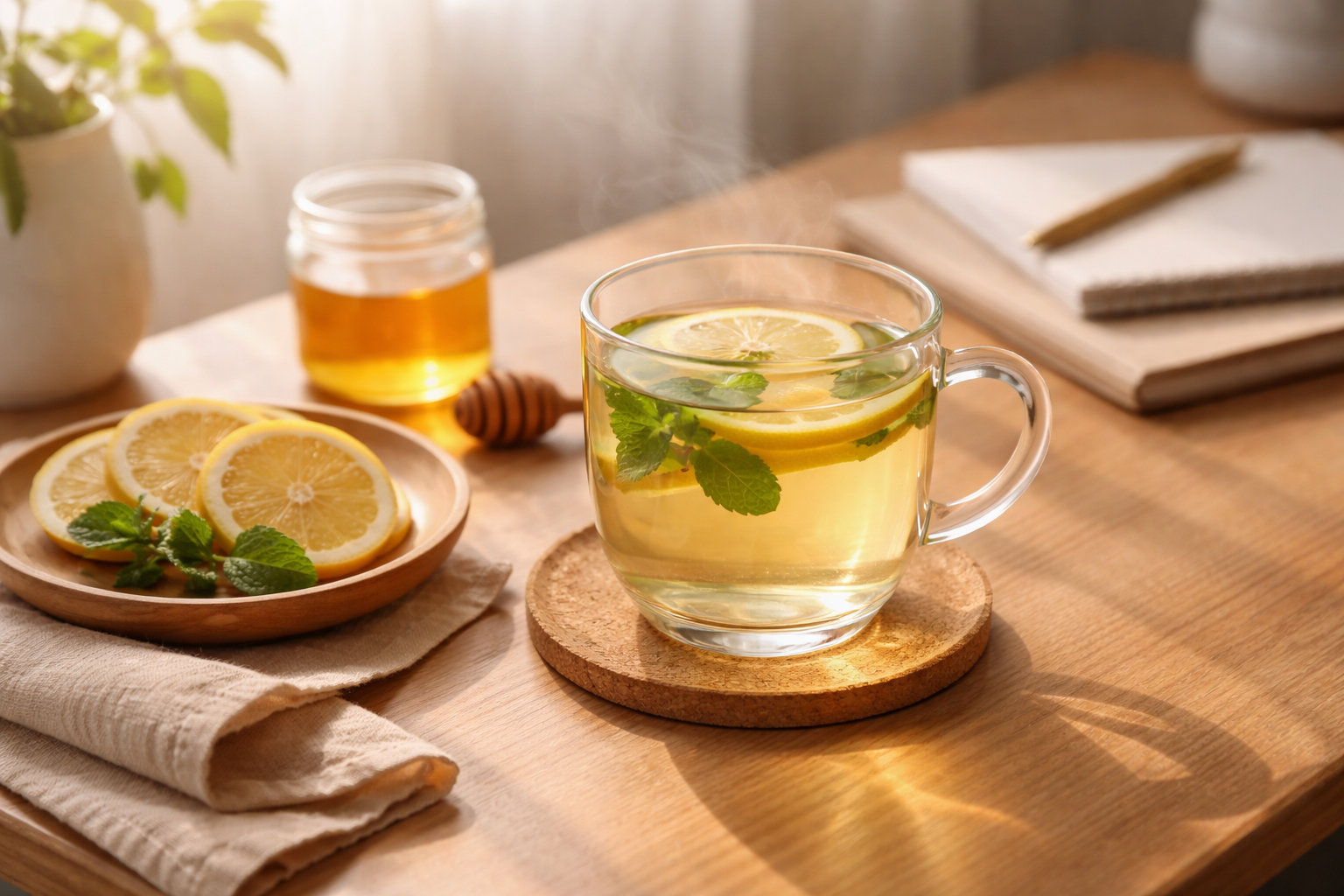 컵에 담긴 따뜻한 레몬차와 허벌티