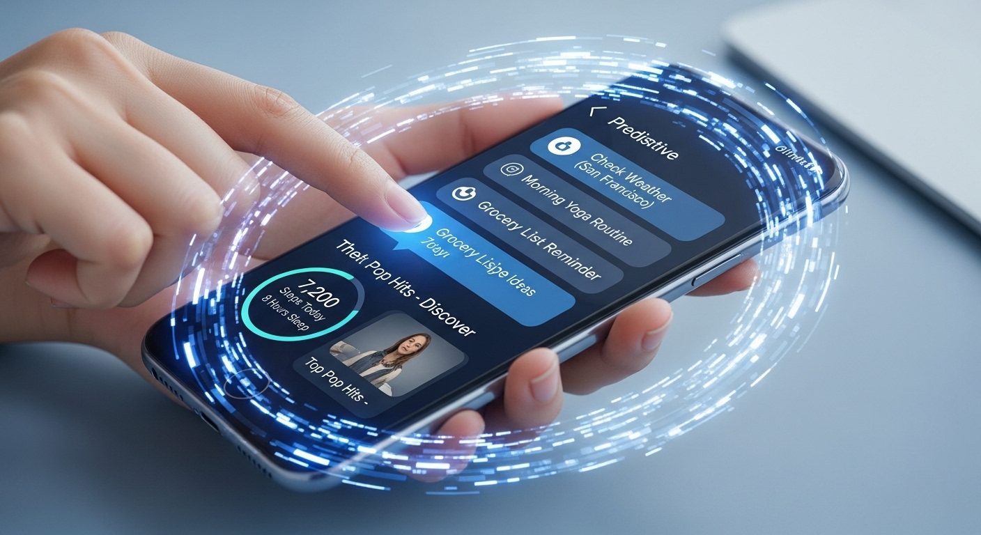 스마트폰 화면에 표시된 초개인화 AI 비서 인터페이스. 사용자의 손과 AI가 상호작용하며 맞춤형 정보와 서비스를 제공하는 모습.