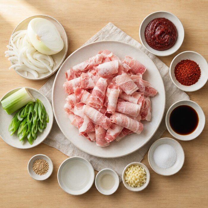 대패삼겹 제육볶음 2인분용 대패삼겹살과 양파 대파 양념 재료