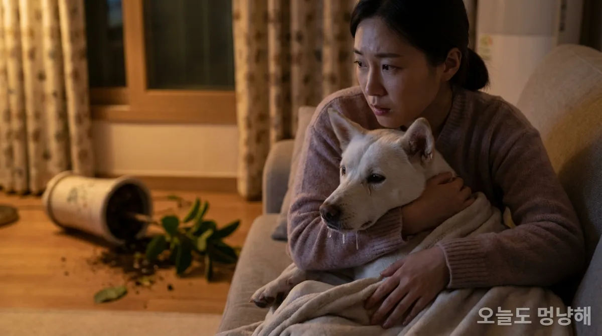 독성 식물 섭취 후 아파 보이는 강아지를 안고 걱정하는 보호자