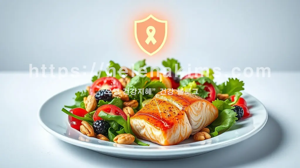 밝고 깨끗한 배경 위, 신선한 연어 스테이크, 다채로운 유기농 채소 샐러드, 견과류, 베리류가 정갈하게 놓여있는 모습.