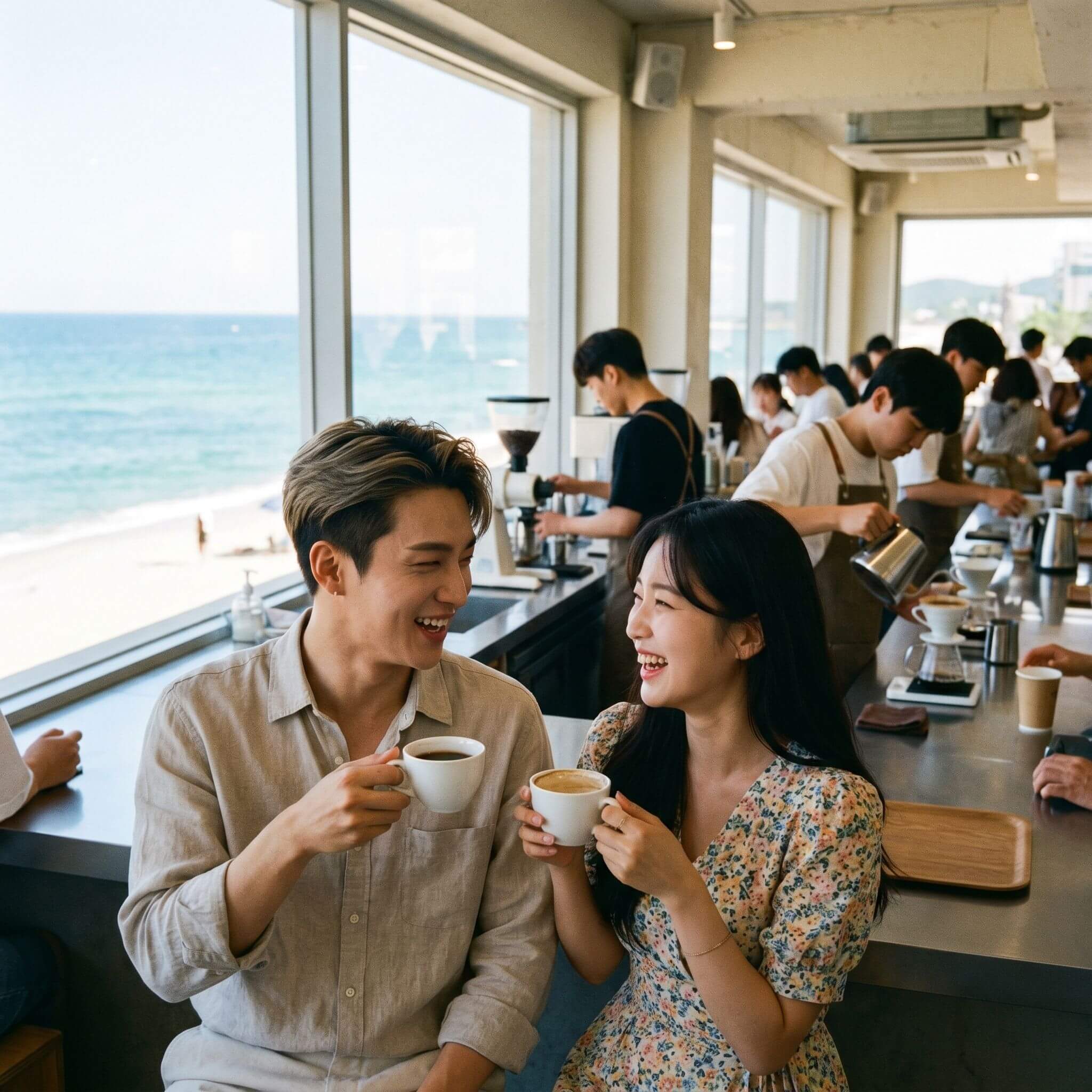 여행지에서 커피를 마시는 커플