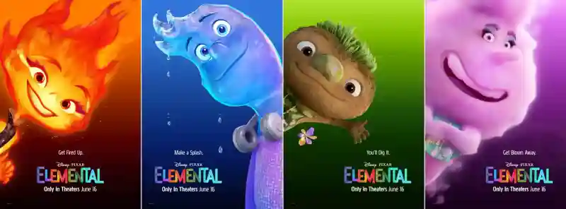 엘리멘탈의 4대원소 엠버 웨이드 클로드 게일 캐릭터들의 포스터