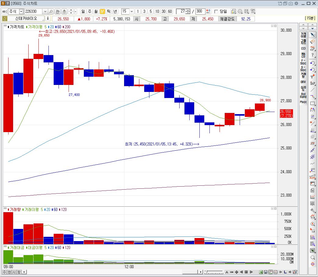 신테카바이오 15분봉 주가 흐름(1/5일)