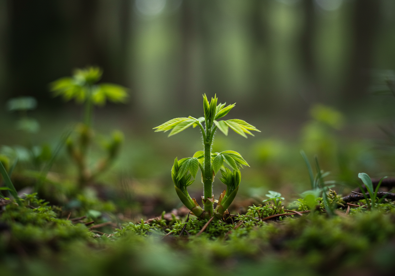 봄철 숲속에서 돋아나는 엄나무순 클로즈업