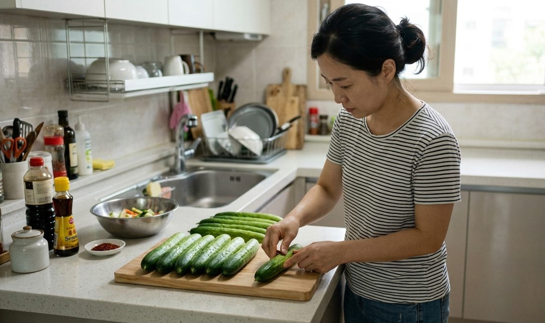 주방에서 손으로 오이 상태를 확인하며 고르는 모습 