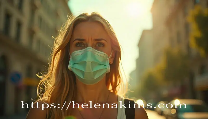 젊은 여성이 마스크를 쓰고 길 거리를 걷고 있는 이미지.