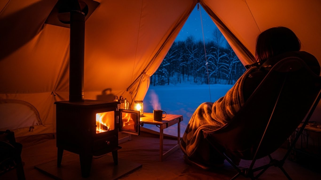 눈 내리는 추운 겨울밤, 화목난로가 켜진 텐트 안에서 사람이 담요를 덮고 휴식하는 따뜻하고 아늑한 풍경