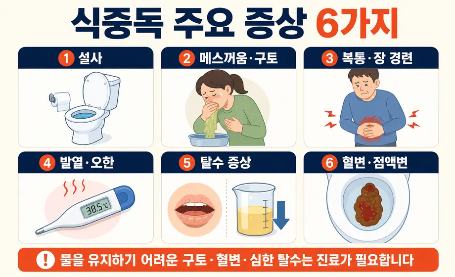 설사, 구토, 복통, 발열, 탈수, 혈변 등 식중독 주요 증상 6가지.
