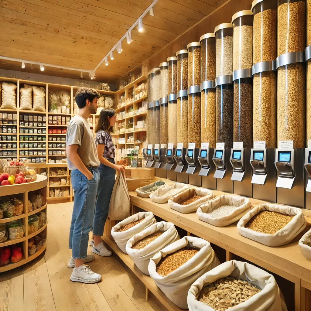 독일의 &lsquo;제로 웨이스트 마켓&rsquo;을 표현한 이미지입니다! 🌍♻️🛒 포장 없이 친환경적으로 쇼핑하는 모습을 담았어요