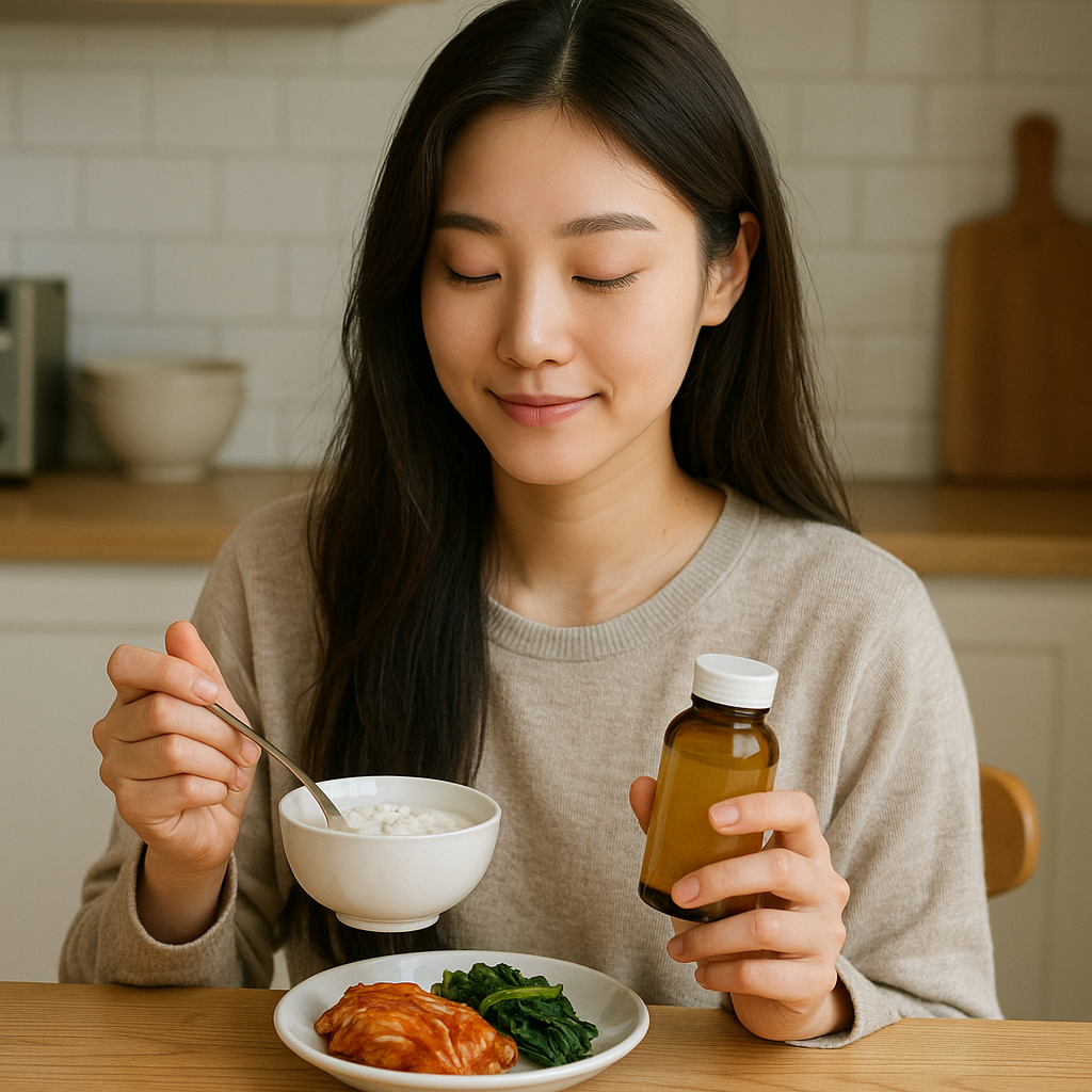 장 건강을 위해 발효식품과 유산균을 섭취하는 여성의 아침 루틴