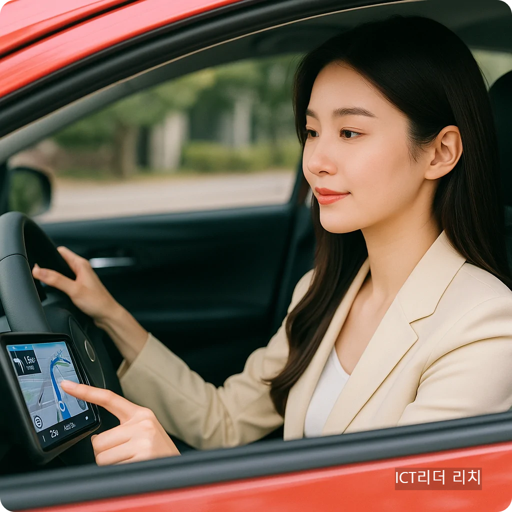 젊은 여성 운전자가 빨간 차량에서 TMAP 네비게이션을 활용하는 모습