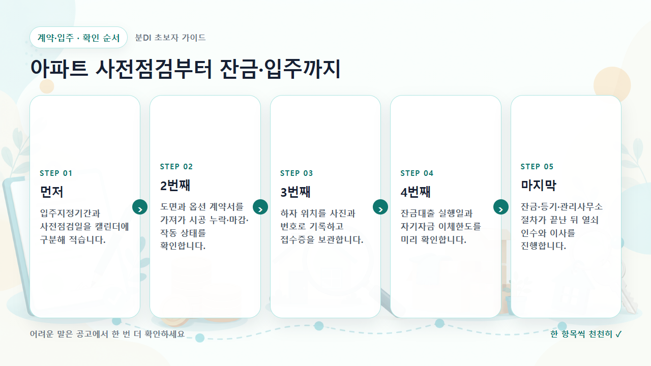 아파트 사전점검부터 잔금·입주까지 확인 순서를 다섯 단계로 보여주는 흐름도